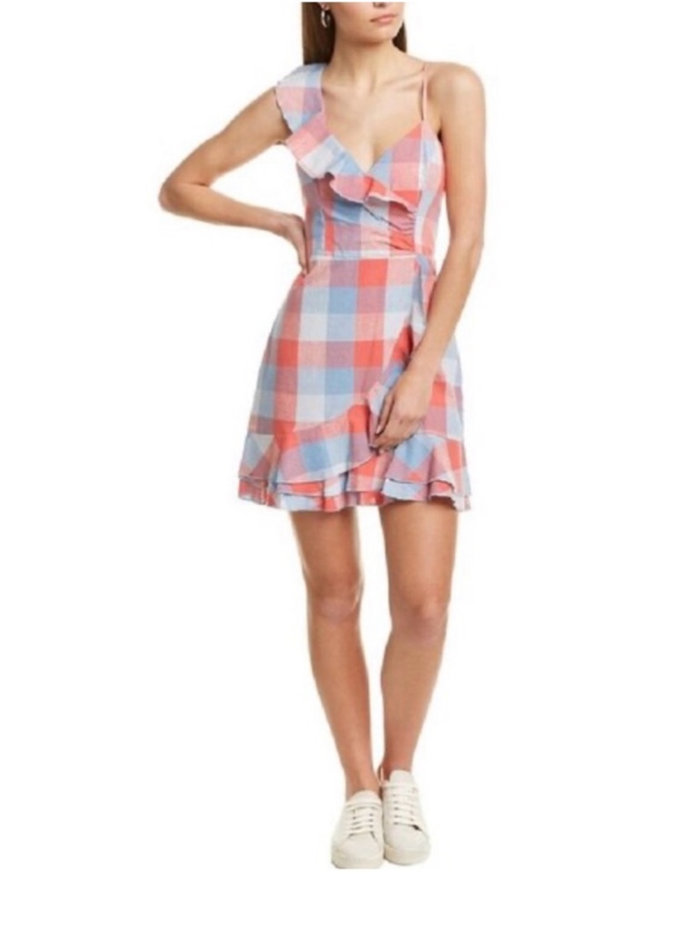 Parker Plaid Linen Cotton Blend Ruffle Mini Dress Red And Blue Size XS NWT